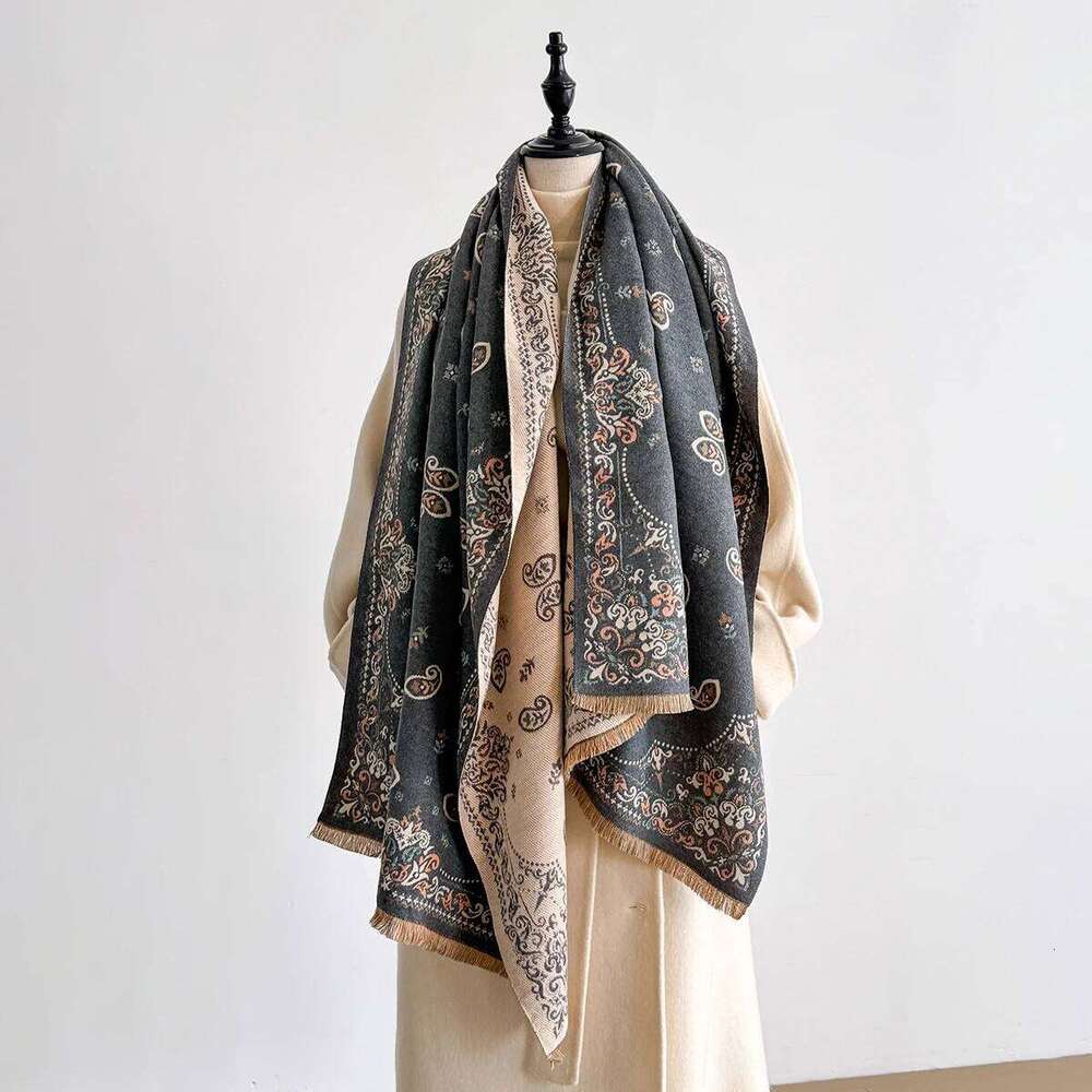 Fashion Faux Cashmere Shawl Women Vintage Pattern Tasseled Scarf Warm Wrap Stylish Accessory Ideal For Winter Wear Z260226