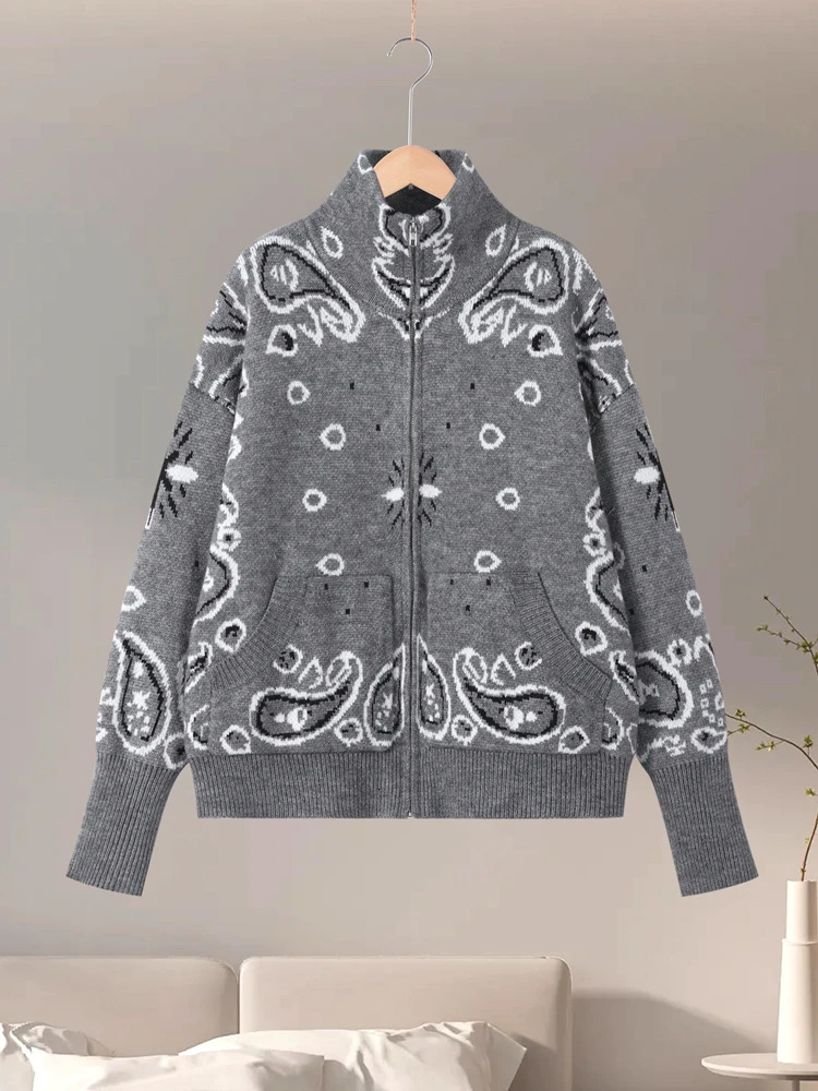 Vintage Knit Jacquard Stand Collar Women Cardigan Zipper Full Sleeve Pockets Loose Sweater 2026 Spring Lady Soft Knitwear 260306