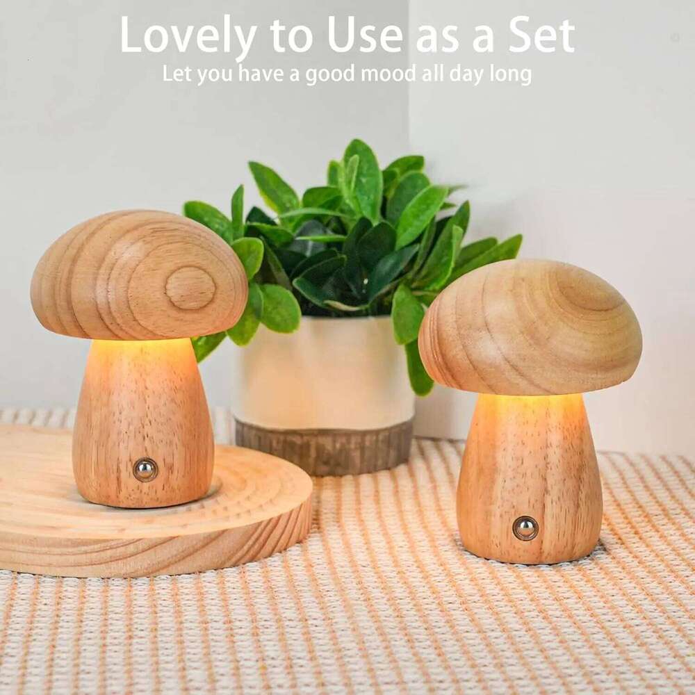Wooden Creative Mushroom Night Light Stepless Dimming Bedside Table Lamp 3 Color Rechargeable Sleeping Nightlights For Room Z260227