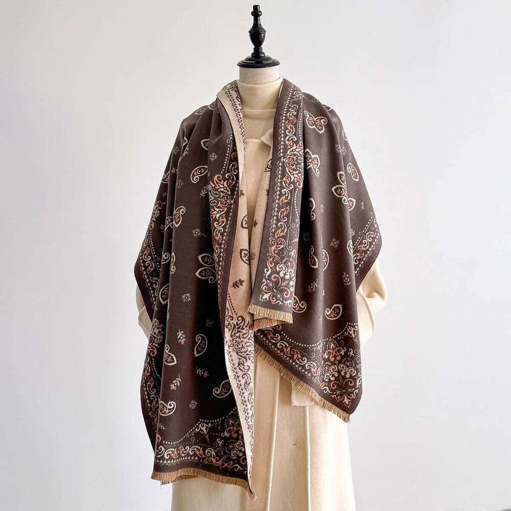 Fashion Faux Cashmere Shawl Women Vintage Pattern Tasseled Scarf Warm Wrap Stylish Accessory Ideal For Winter Wear Z260226