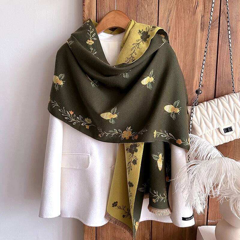 2025 New Brand Little Bee Flowers Scarf for Women Warmer Winter Pashmina Print Scarves Shawls Female Thick Blanket Wraps Foulard Z260226