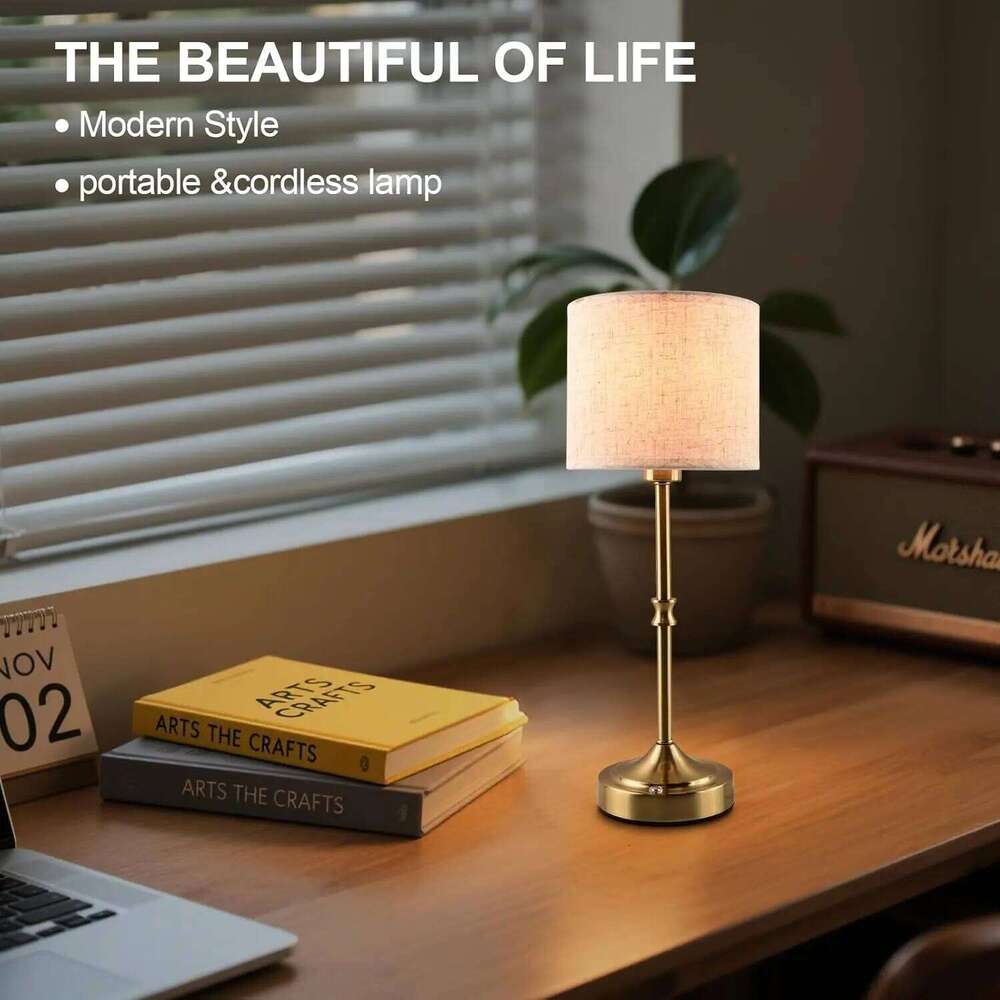Cordless Table Rechargeable Battery Lamp with 3-Level Dimmable Fabric Touch Bedside Lamps for Bedroom, Living Room Z260227