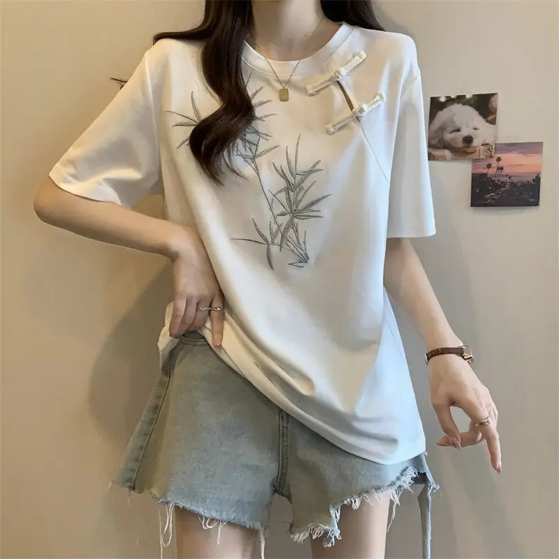 Chinese Style Bamboo Embroidery Frog Button Short Sleeve Tshirt Womens Summer Loose Slim Top 260227