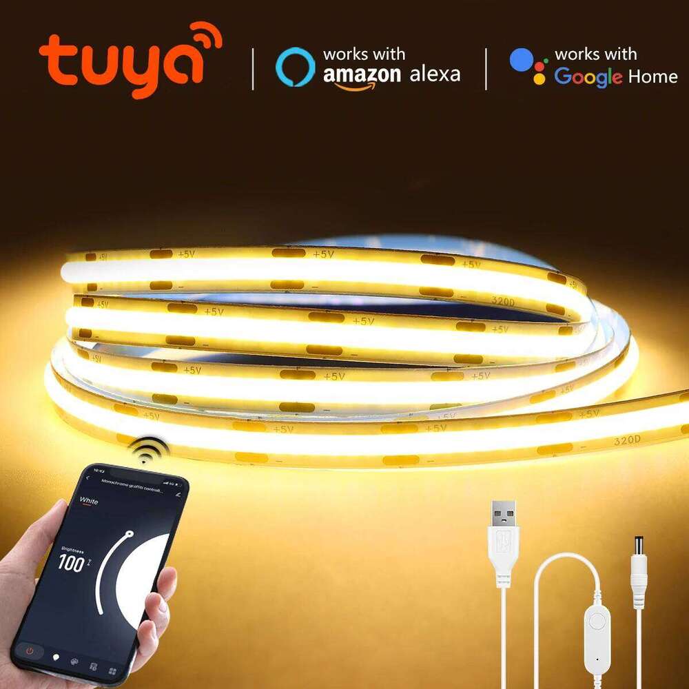 5V Tuya Smart Life WiFi USB LED Strip Ultra Bright 320LEDs/m Flexible Tape Ribbon COB Lights RA90 Works Alexa Google Home Z260226