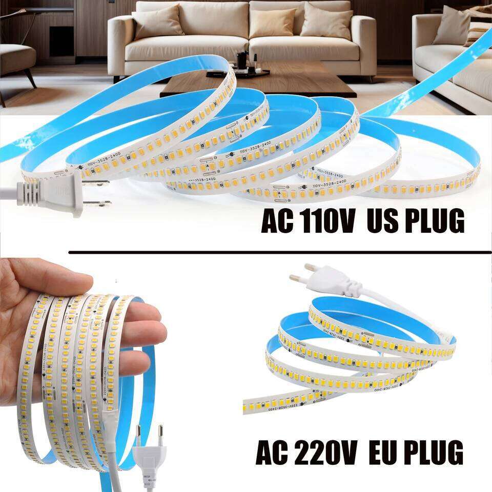 AC 220V 110V LED Strip 240Leds/M IP44 10CM Cut Home Decor Warm/Natural White Self Adhesive Flexible Ribbon Stripe Chain Light Z260226