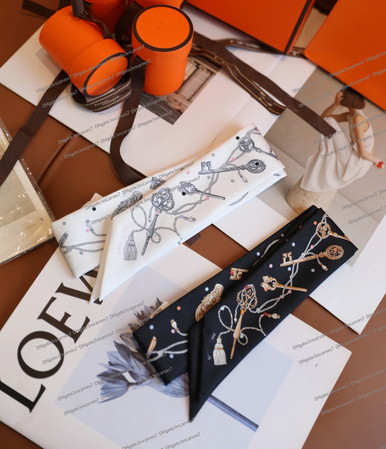 Dot shaped key pattern H Brand 100% silk scarf designer Bag Scarf headscarf women Luxury long handle bag scarf Paris shoulder backpack luggage ribbon Black white