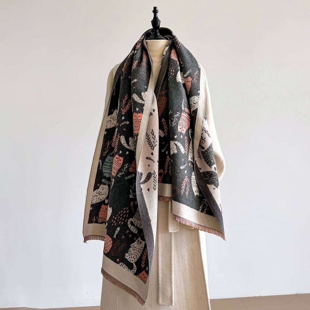 Cute Cartoon Jumping Cat Shawl Female 2025 Spring New Korean Version Autumn Winter Warm Shoulder Neck Versatile Scarf Z260226