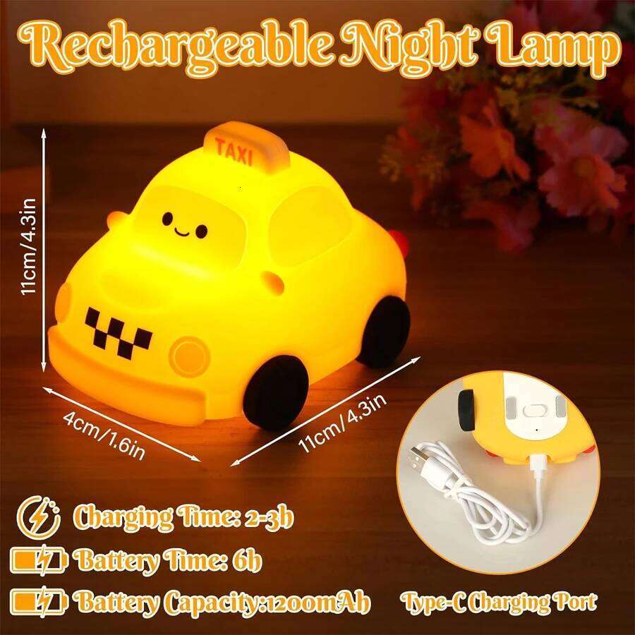 Cartoon Car Led Night Light Bedroom Bedside Table Lamp Kids Birthday Christmas Gifts Rechargeable Dimmable Silicone Boy Toys Z260227