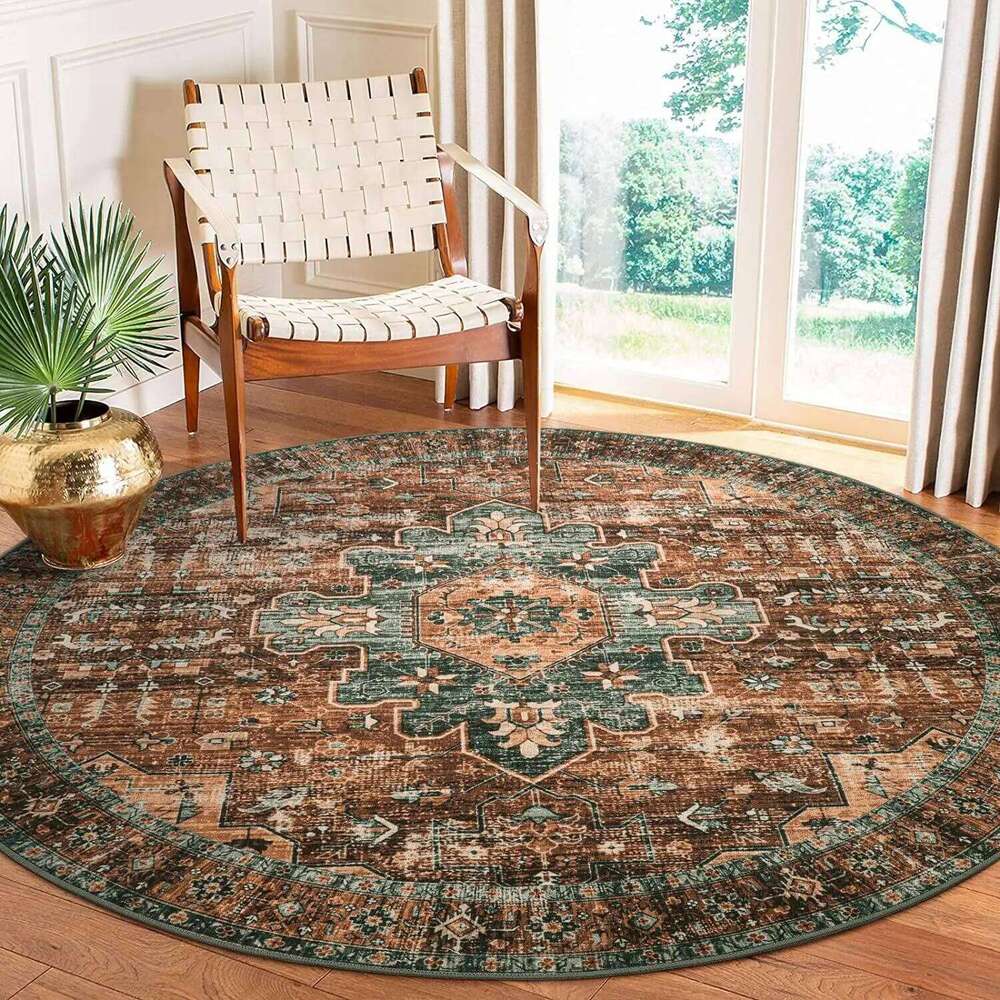 VIKAMA Round Vintage National Style Crystal Velvet Living Room Household Dirt And Wear Resistant Floor Mat H260226
