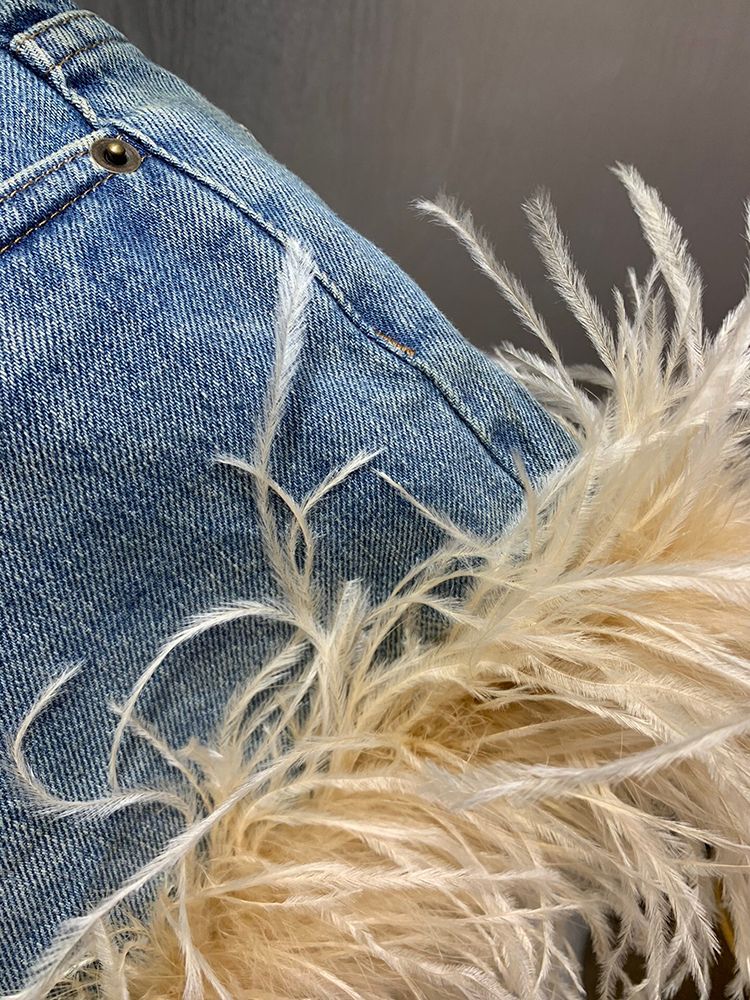 Women's Shorts Fashion Ostrich Plumes Denim High Quality 2024 Spring Hair Short Pants Lady