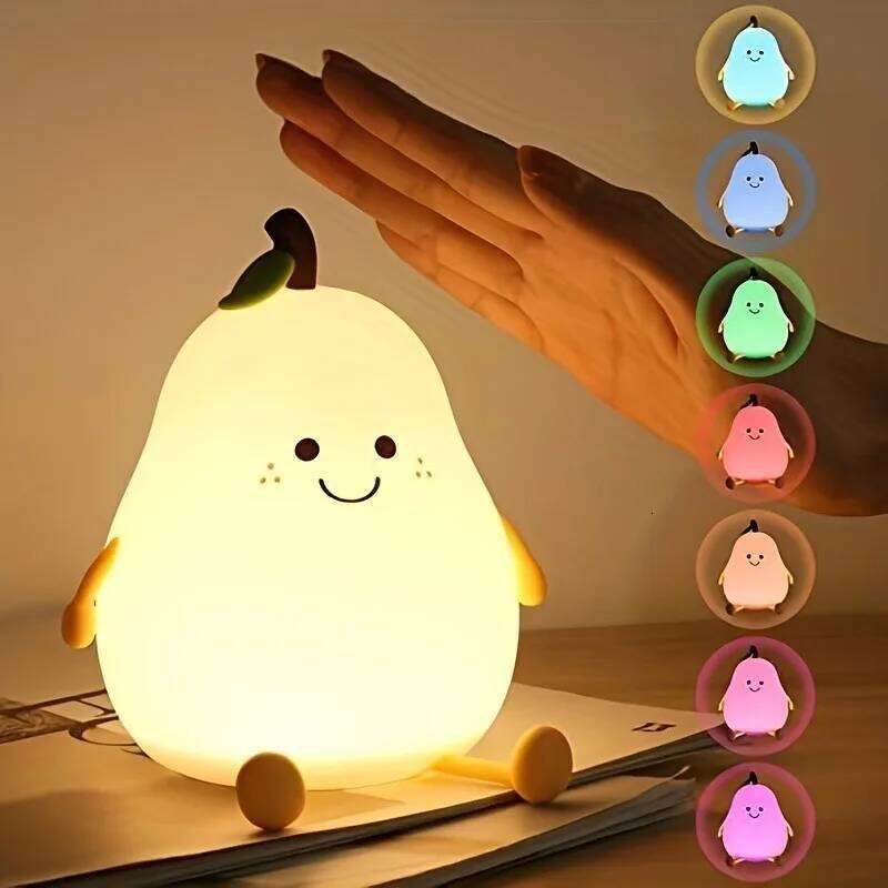 1pc Cute Pear 7-Color Dimmable Touch-Controlled Night Light Silicone Stress Reducing Pat Lamp USB Rechargeable Z260227