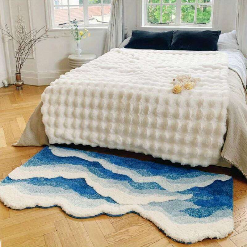 Blue Sea Wave Flocking Bedroom Rug Corridor Area Floor Pad Mat Doormat Aesthetic Home Decor H260226