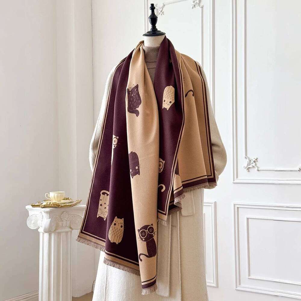 Cartoon Cat Printed Cashmere Scarves for Women Winter Thick Warm Blanket Scarf Shawl Wraps Ladies Fashion Pashmina Cape Z260226