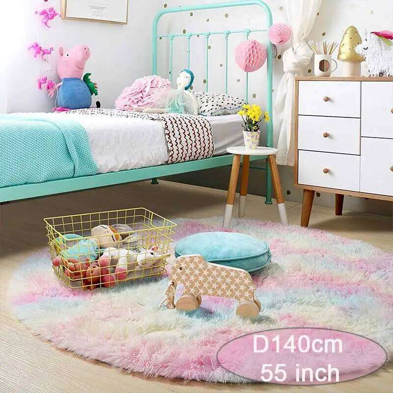60/80/100/120/140/160 Round Rug Rainbow Fluffy Soft Area Rugs for Kids Girls Room Plush Shag Carpet Cute Circle Bedroom Decor H260226