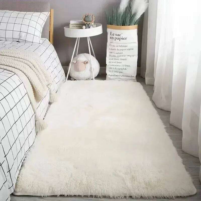 Fluffy Cream White Sheepskin and Living - Silk Wool Rugs for Bedroom Kawaii Rug Room Decor H260226