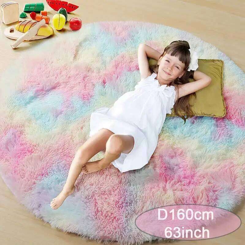 60/80/100/120/140/160 Round Rug Rainbow Fluffy Soft Area Rugs for Kids Girls Room Plush Shag Carpet Cute Circle Bedroom Decor H260226