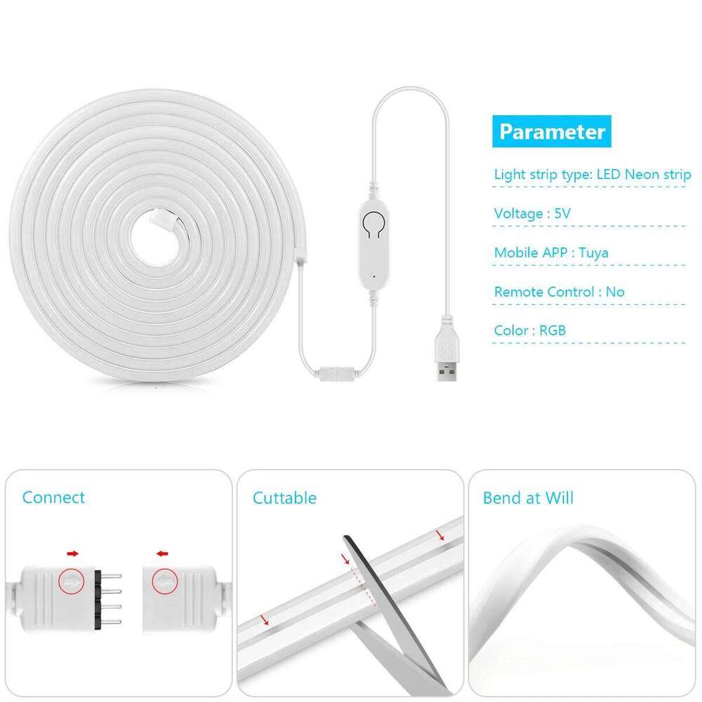 Wifi Tuya Smart Life RGB USB LED Strip Lights DC 5V 120 LEDS/M Waterpoof Neon Rope Lamp Tube Work With Alexa Google Home 5M Z260226