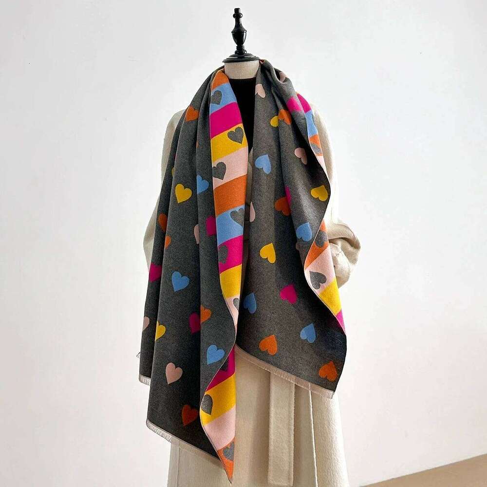 2025 Autumn and Double-Sided Faux Cashmere Winter Luxury Multicolored Heart Warm Scarf Stoled Echarpe for Women Z260226
