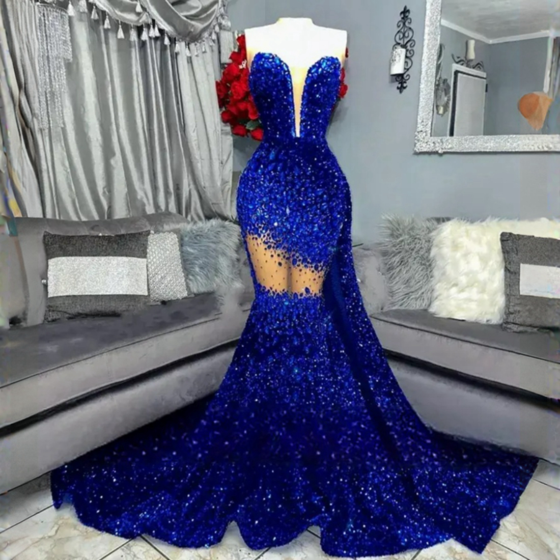 2025 Shiny Aso Ebi Prom Dress Mermaid Evening Dresses Scoop Neckline Sexy Side Split Beaded Lace Illusion Long Sleeves Birthday Dress Second Reception