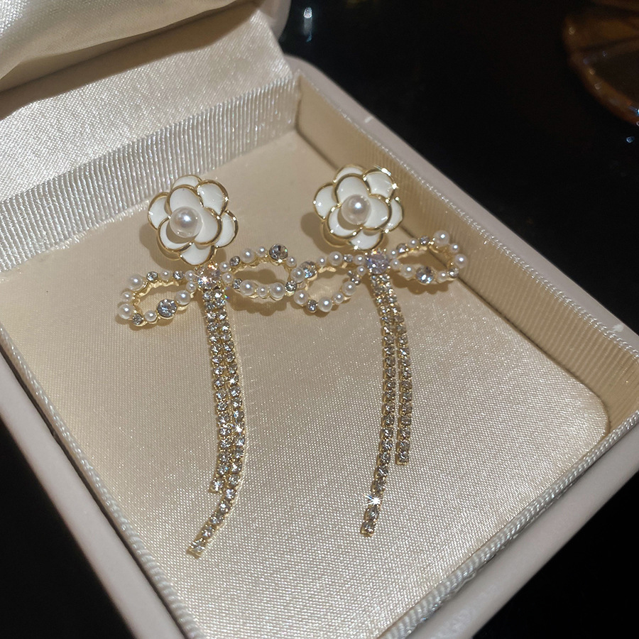 Silver needle oil-drip zircon flower bow vintage elegant sweet temperament earrings, light luxury high-end earrings - view 7