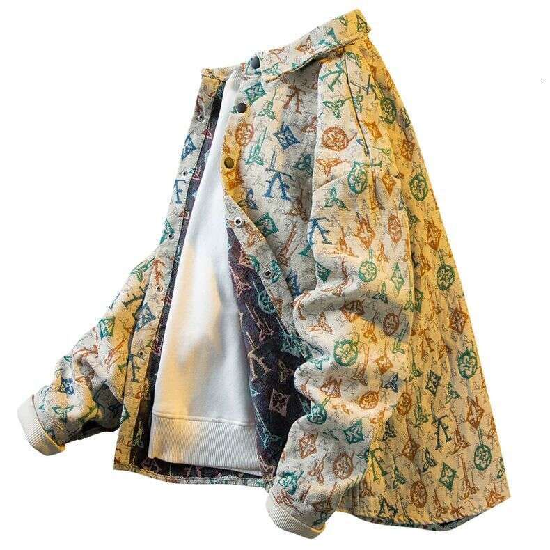 Vintage Retro Jacquard Full-Print Long-Sleeve Shirt, Men's Spring And Autumn Turn-Down Collar Shirt Jacket