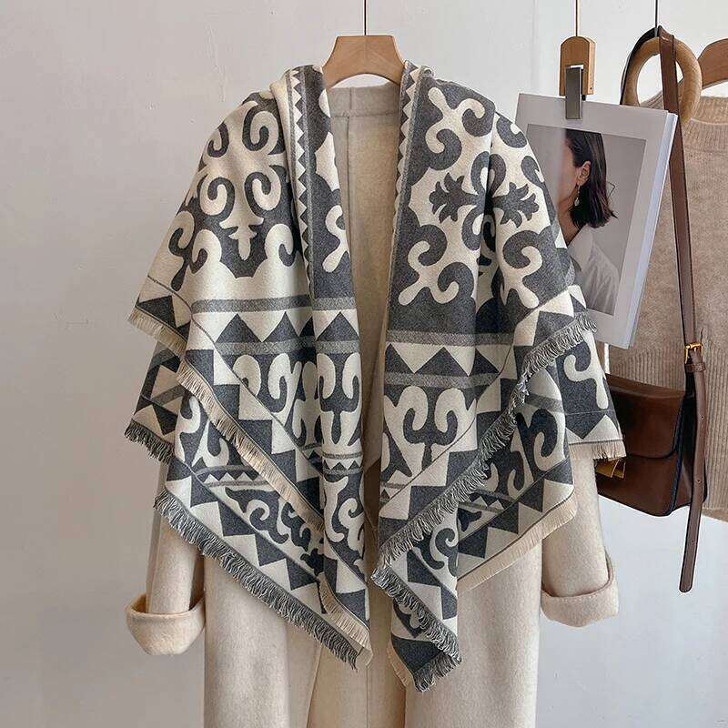 Women's Winter Fashion Faux Cashmere Scarf Vintage Floral Print With Tassels Thick Warm Shawl Trendy Wrap For Cold Weather Z260226