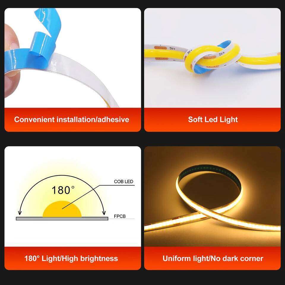 5V COB LED Strip Light With USB 2PIN Wire DC Plug 8MM 320LED High Density Flexible Tape 3000K 4000K 6000K Warm Natural White Z260226