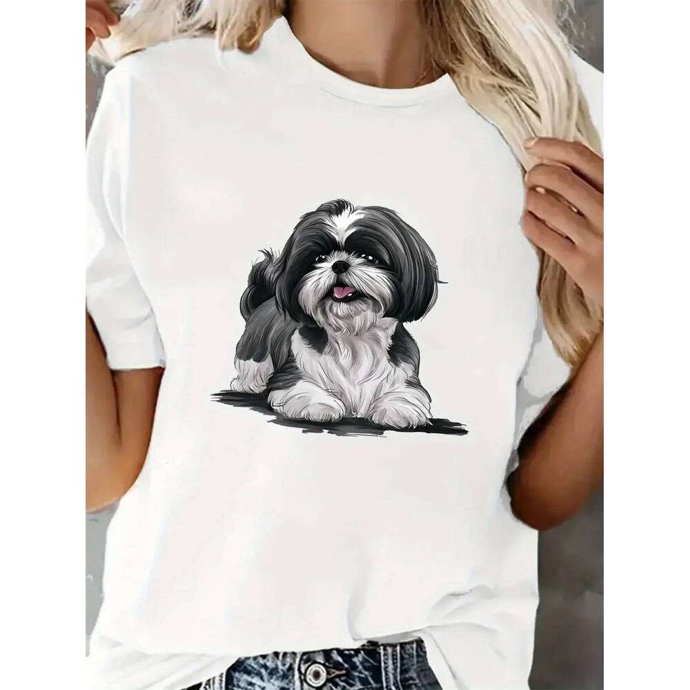 Women's Casual Crew Neck T-Shirt, Featuring A Shih Tzu Dog Print, Short Sleeves, And Medium Stretch Fabric.Graphic T Shirts Y2K H260227