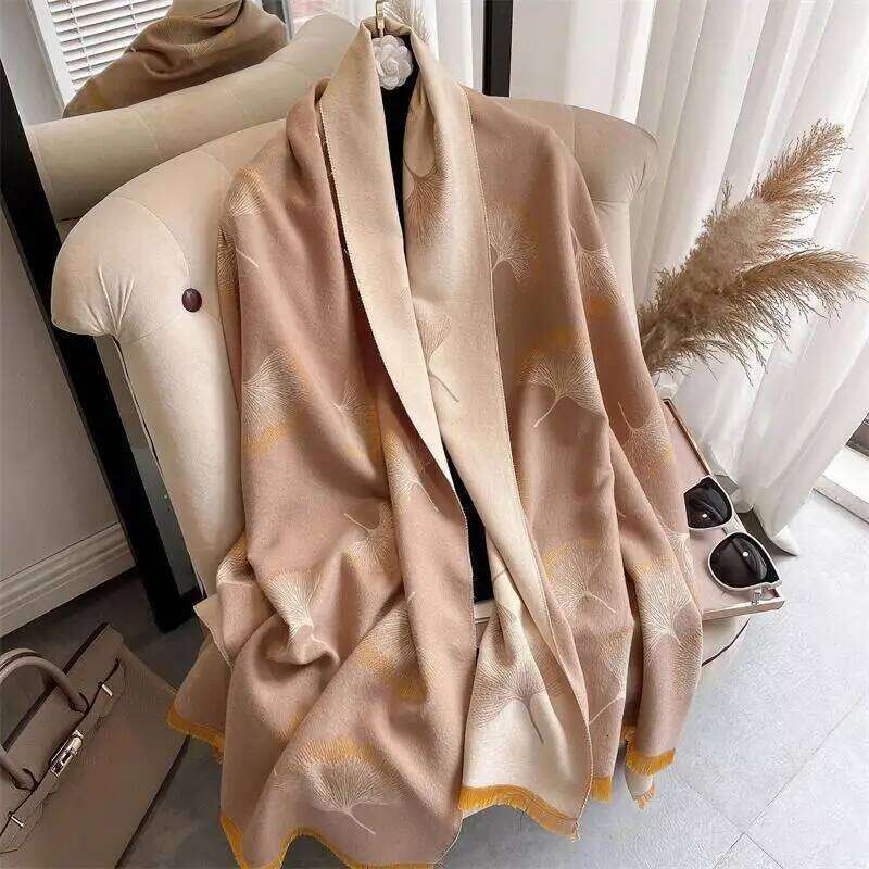 Blue Thick Cashmere Blanket Women Scarf Warm Pashmina Shawl Winter Wraps Bufanda Leaf Print New Design Poncho Echarpe Female Z260226