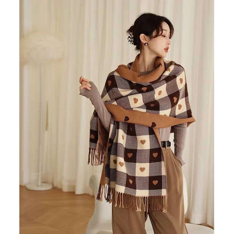 1 Autumn and Winter Heart-Patterned Women's Plaid Comfortable Scarf, Thick Large Blanket Shawl Scarf Z260226