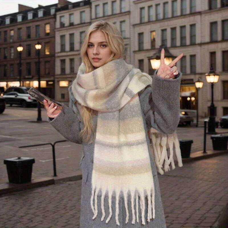 Plaid Winter New - Faux Cashmere Mallard Scarf for Women, Korean Style Warm Thick Shawl, Retro Fashion Accessory Z260226