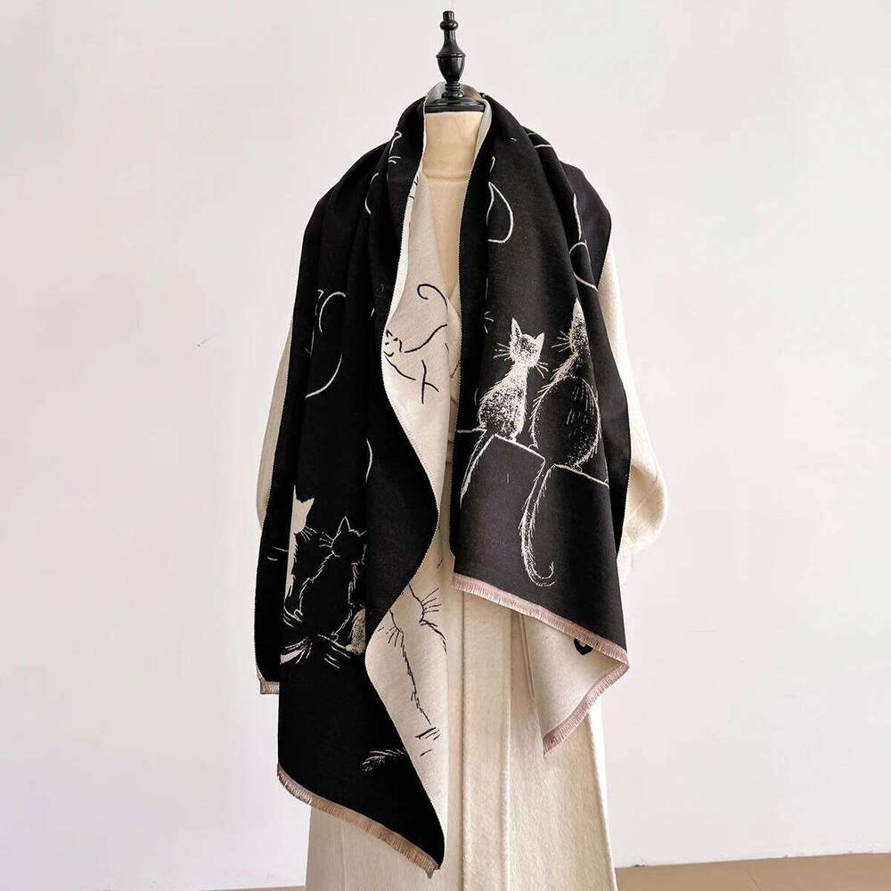 New Luxury Winter Cashmere Little Cat Print Scarf Women Warm Pashmina Poncho Scarves Fashion Shawl Thick Foulard Bufanda Z260226