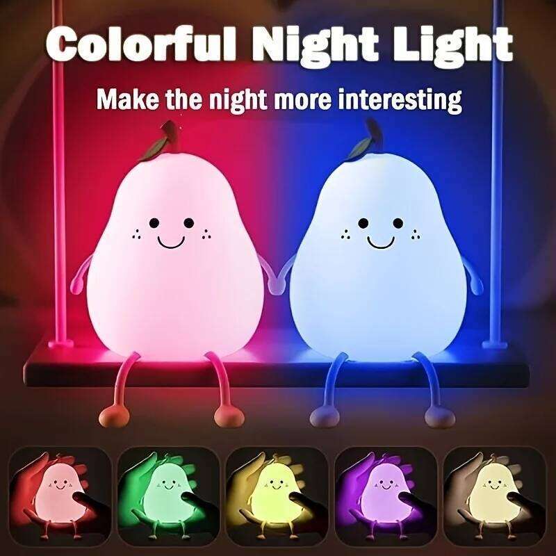 1pc Cute Pear 7-Color Dimmable Touch-Controlled Night Light Silicone Stress Reducing Pat Lamp USB Rechargeable Z260227