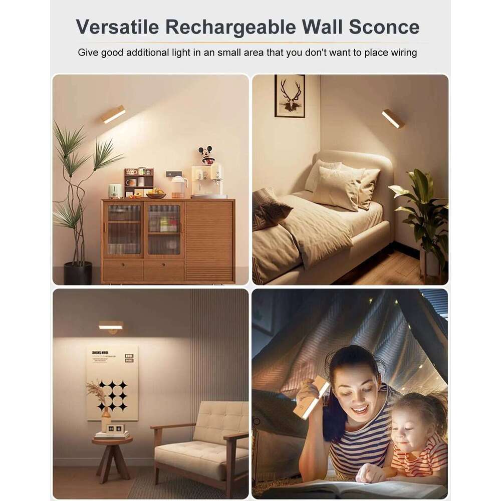 Nordic Wood Lamp With 360 Rotate Dimmable Sconce Touchable Magnetic Bedroom Cordless Wall Mount Light For Reading Z260227