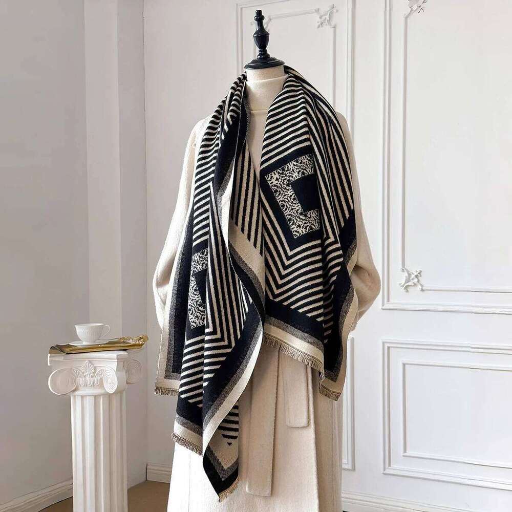 New Luxury Women's Winter Warmer Two-Sided Geometry Imitation Pashmina Scarf - Female Thick Blanket Wraps Shawls Foulard Z260226