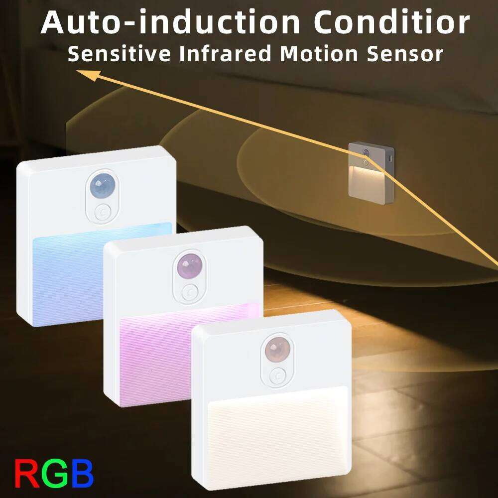 Motion Sensor Led Usb Charging Square Lamp for Bedroom Kitchen Stair Hallway Wardrobe Cupboard Lighting RGB Night Light Z260227
