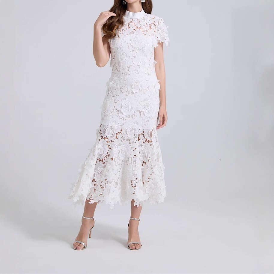 2026 Summer Designer Fashion Brand Elegant Social Style Stand up Collar Flower Water a2 soluble Lace Tight Mermaid Long Dress