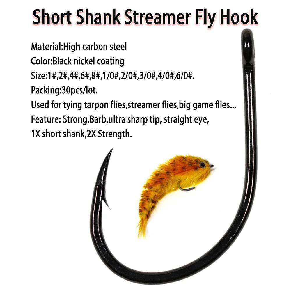Vampfly 30PCS 1X Short Shank Barbed Fishing Hook For Tying Changers Tarpon Streamer Big Game Flies Z260228