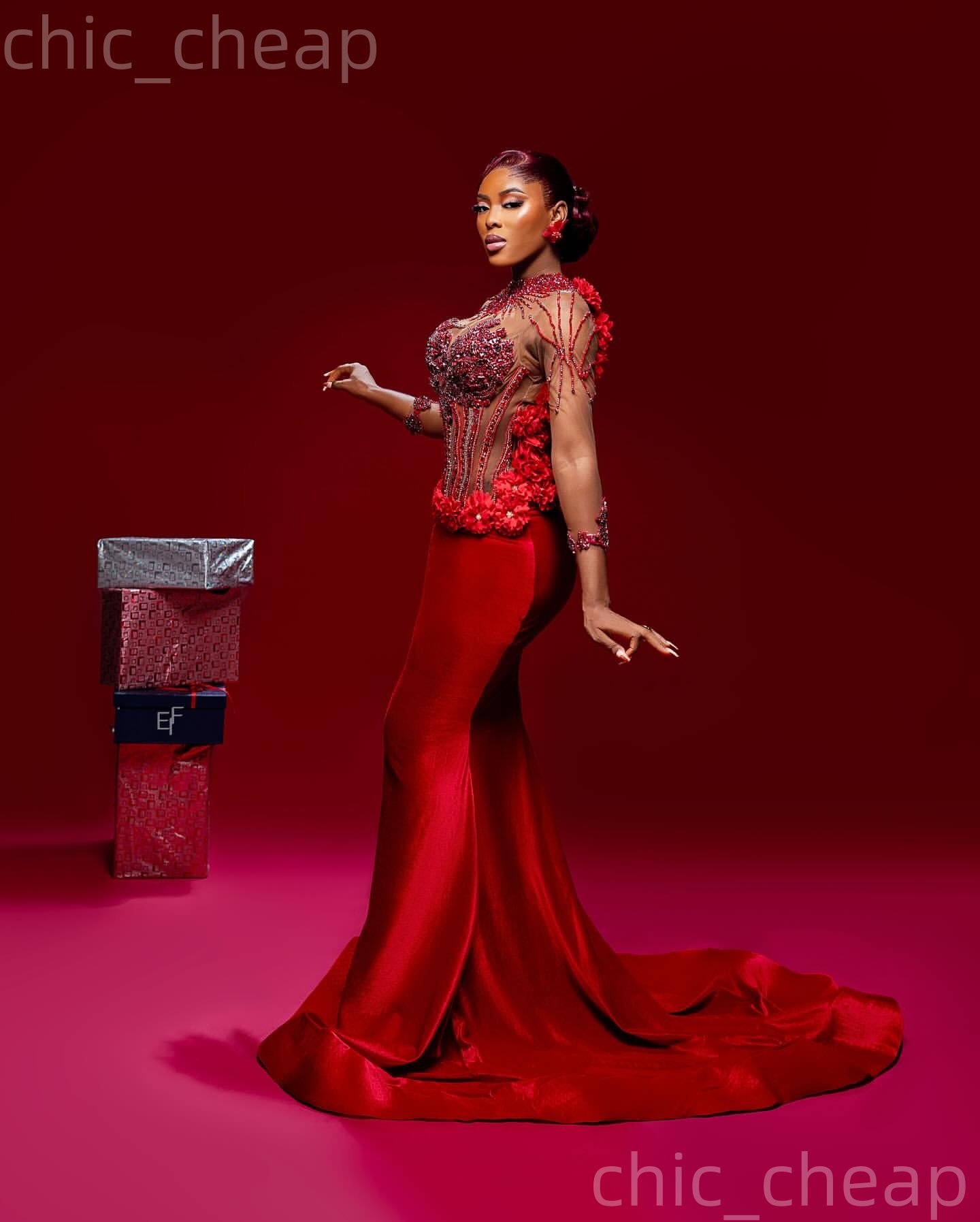 2k26 Red Prom Dress 2026 Mermaid Flowers Crystals Appliques Satin Evening Dresses For Black Women Birthday Party Formal Receiption Gowns Dresses ZJ079