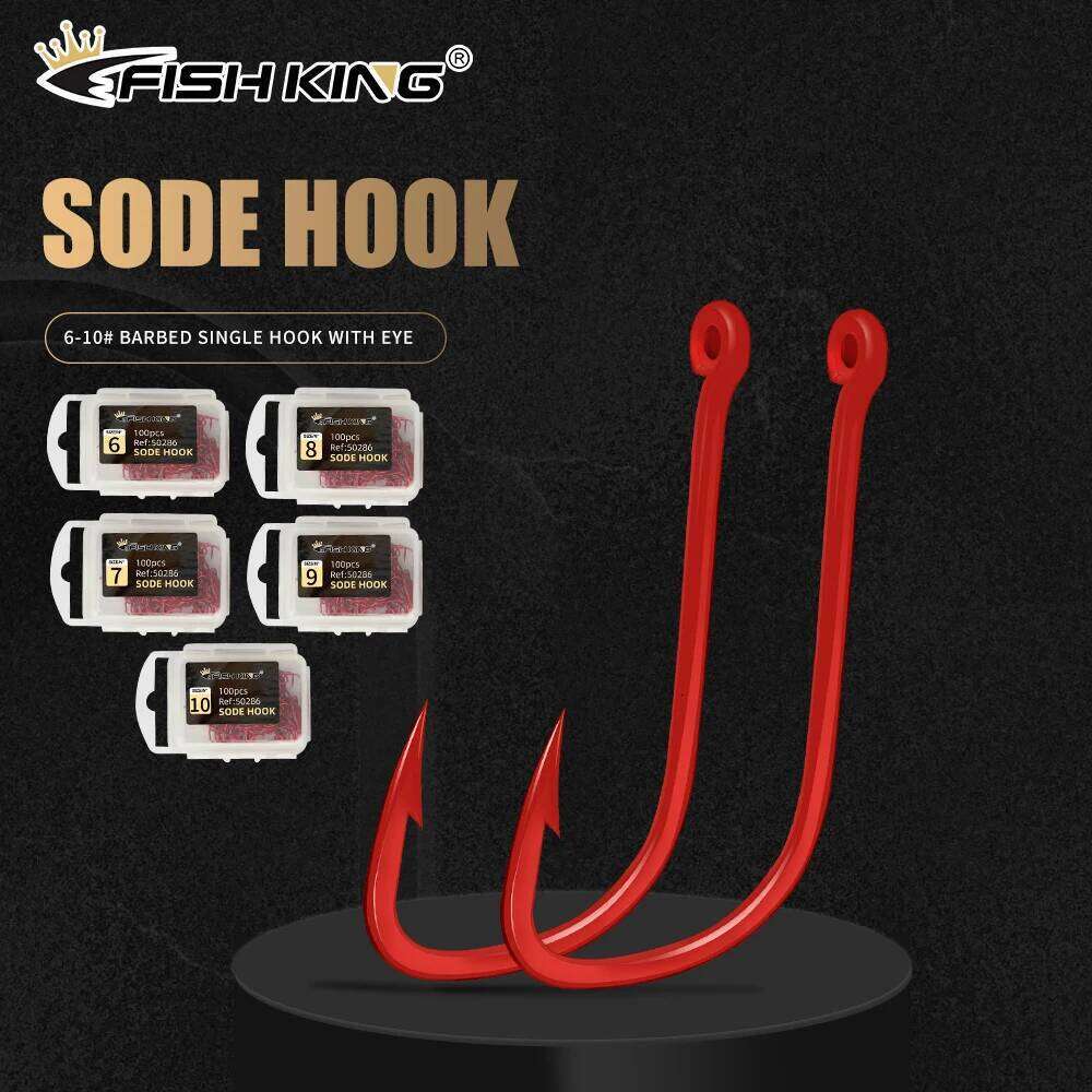 FISH KING Fishing 50pcs/100pcs 6#-10# Barbed High Carbon Steel Red With eyes Bent Baitholder Ringed Carp Hook Tackle Z260228
