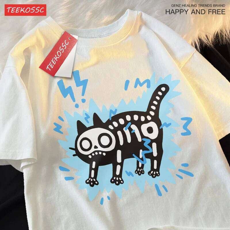 Couple Electric Shock Brand Trendy Pure Cotton Loose Short Sleeve T-shirt Men Women Summer Skull Cat Fun Tee C260228 - view 4