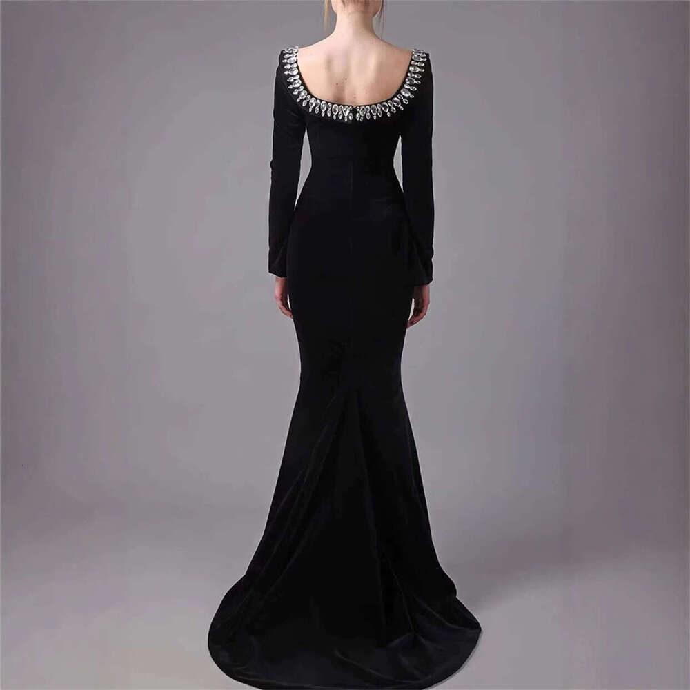 2026 Spring Elegant Women's Sexy Design Diamond Decoration Deep U Neck Elastic a3 Velvet Slimming Mermaid Long Dress