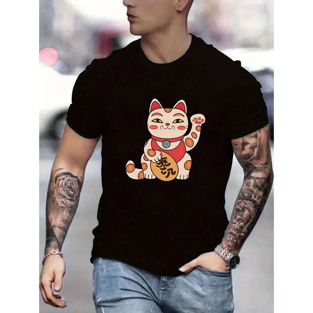 Men Lucky Cat Graphic Print Casual Short Sleeve T Shirt Summer Daily Wear Fashion Top C260228 - view 3