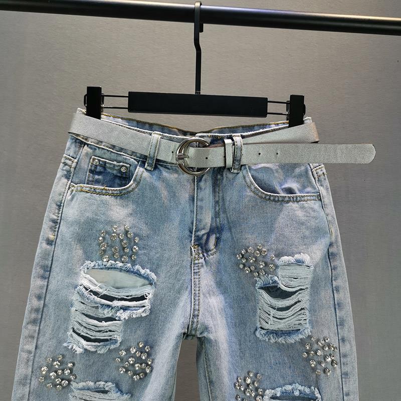 Womens trendy jeans 2026 summer new style loose fit slimming heavy-duty rhinestone embellished ripped cropped flare pants 251128