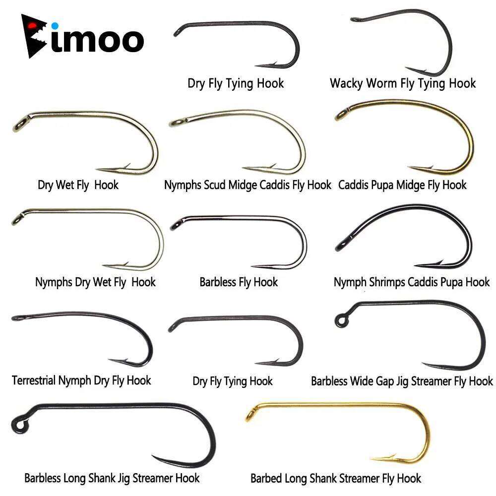Bimoo 100PCS 1#~22# Barbed & Barbless High Carbon Steel Fly Tying Dry Wet Nymph Pupae Caddis Streamer Flies Fishing Hook Z260228