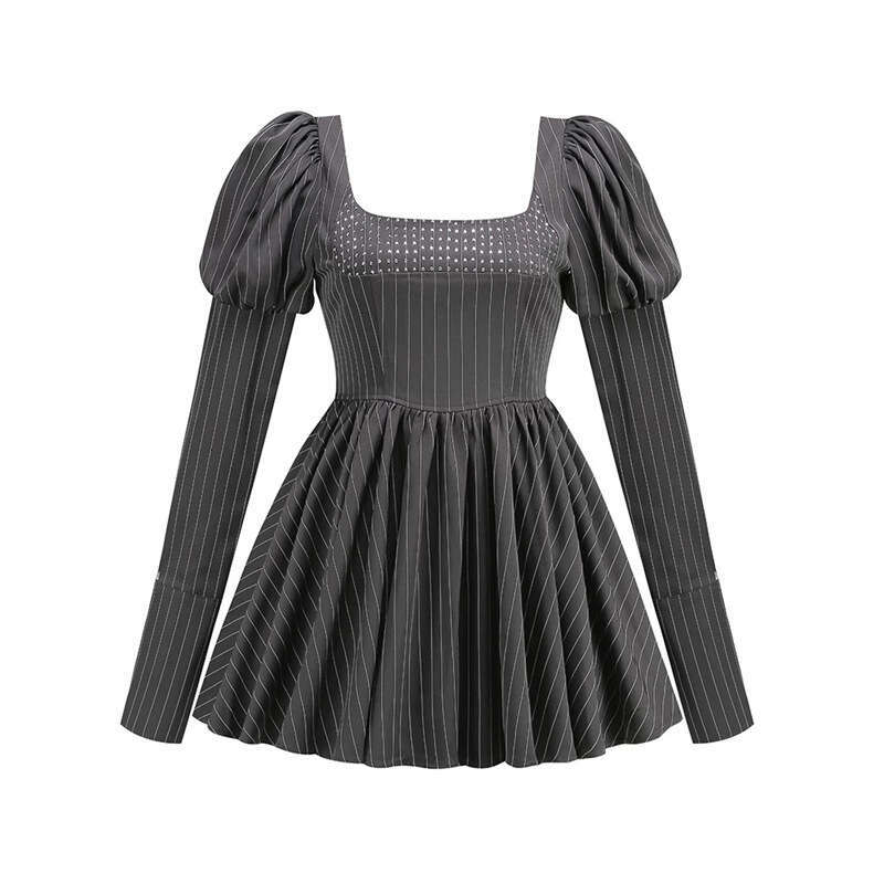 2026 autumn and winter a2 European and American niche heavy-duty rhinestone square neck bubble sleeve waist fluffy dress