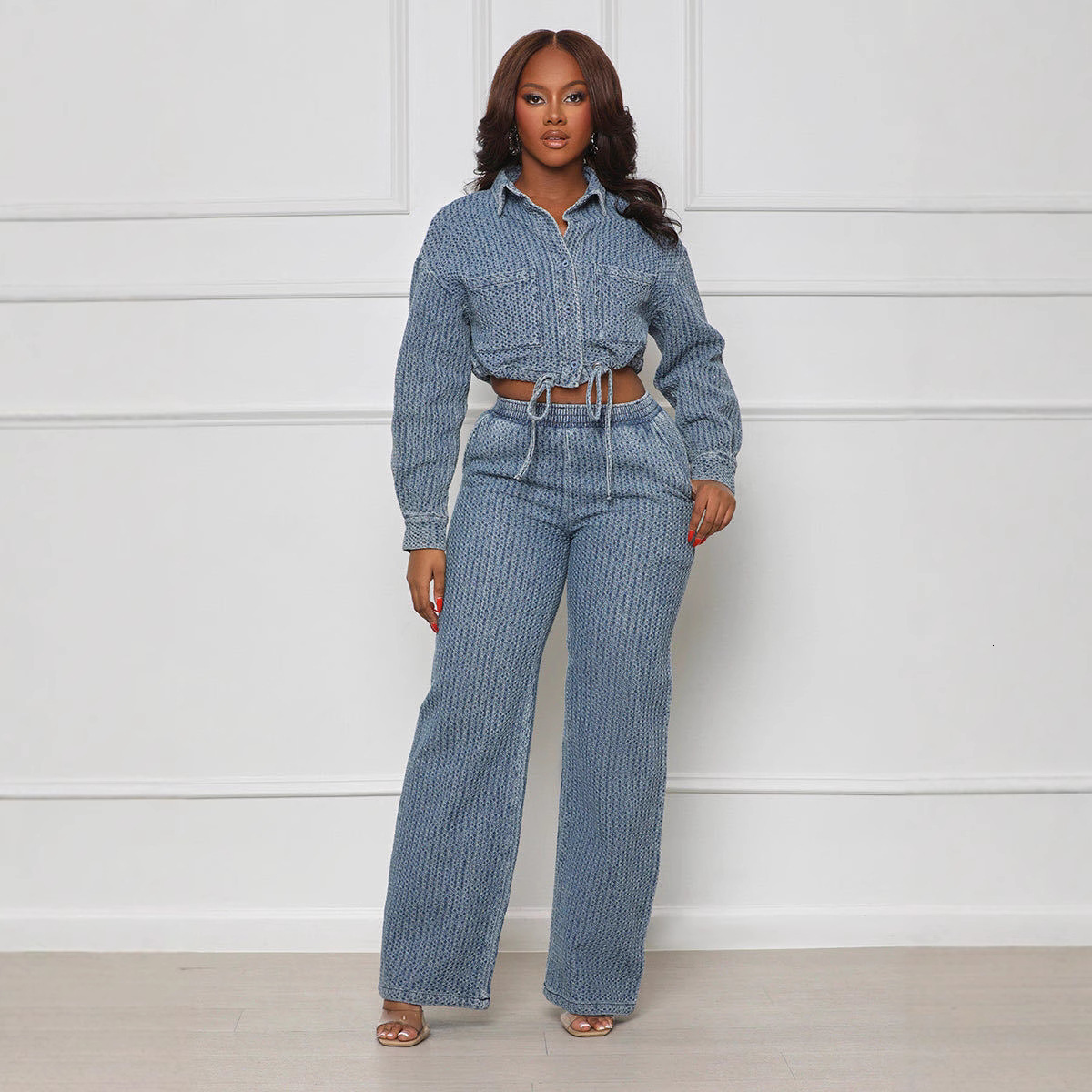 DEAT Autumn Arrivals Long Tassel Sleeve Single Button Denim Short Jackethigh Waist Full Jeans Two Piece Set Women MK359 210331