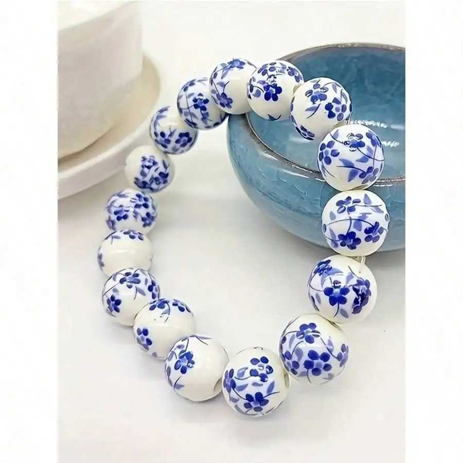 1pc Chinese Blue Floral Ceramic Bead Bracelet For Women - Round Simple Design Fashion Jewelry Perfect For H260228