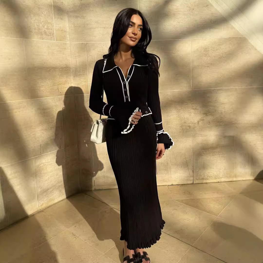 Autumn New Women's Dress European American Style Color Block Luxury Elegant Slim Fit Knitted Long Maxi Dress