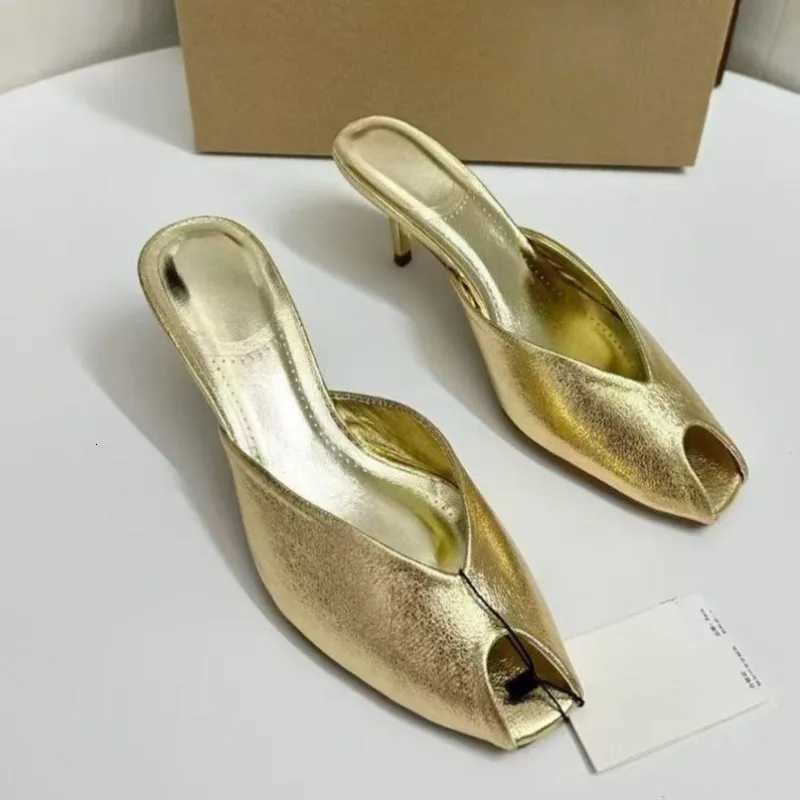 Shiny Gold Women Mules Shoes Shallow Slip on Fashion Peep Toe Party Dress Mid Heels Summer Modern Sandals for Ladies K260311